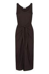 D.K. Midi Wrap Dress in Matte Crepe Espresso on White Background