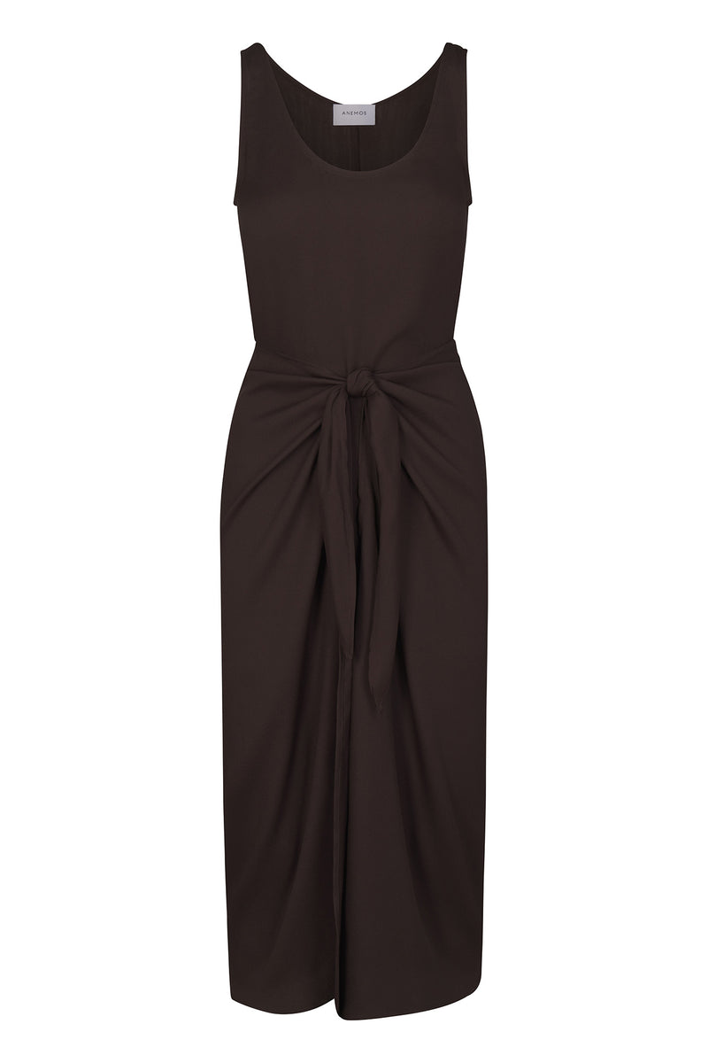 D.K. Midi Wrap Dress in Matte Crepe Espresso on White Background