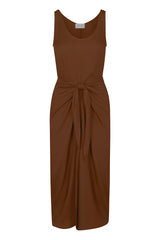 D.K. Midi Wrap Dress in Matte Crepe Tawny on White Background