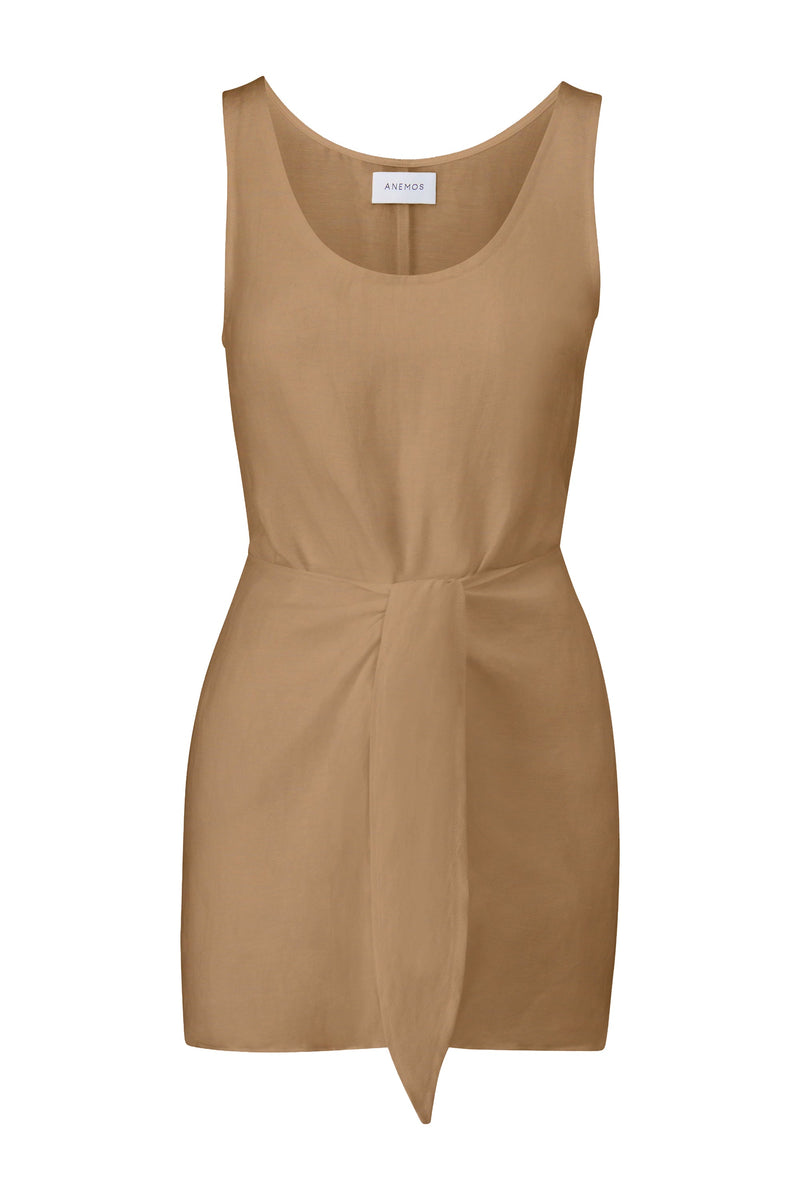 D.K. Mini Dress in Linen Cupro Sandstone on White Background