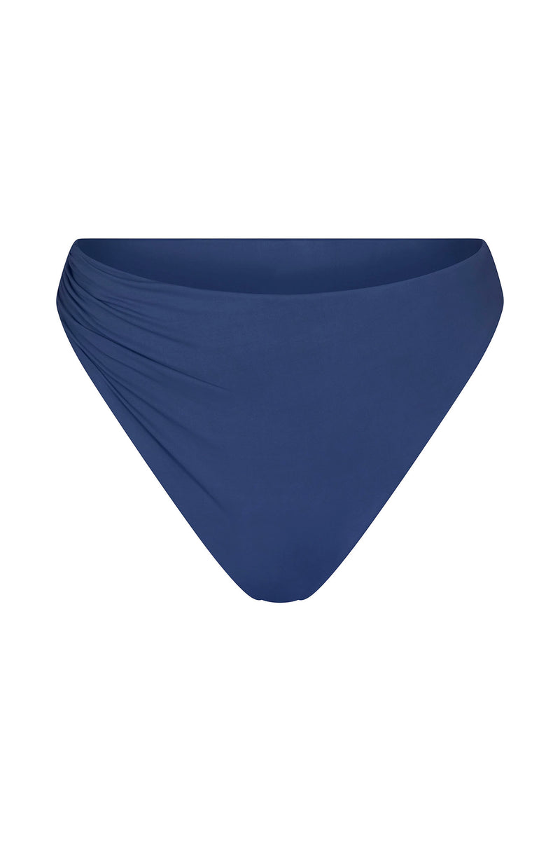 Draped Asymmetric Midi Bikini Bottom Azure on White Background