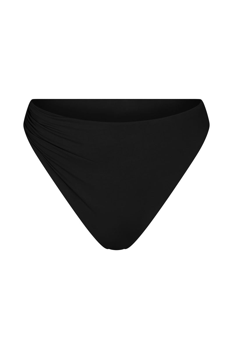 Draped Asymmetric Midi Bikini Bottom Black on White Background
