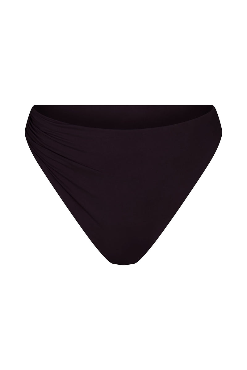 Draped Asymmetric Midi Bikini Bottom Espresso on White Background