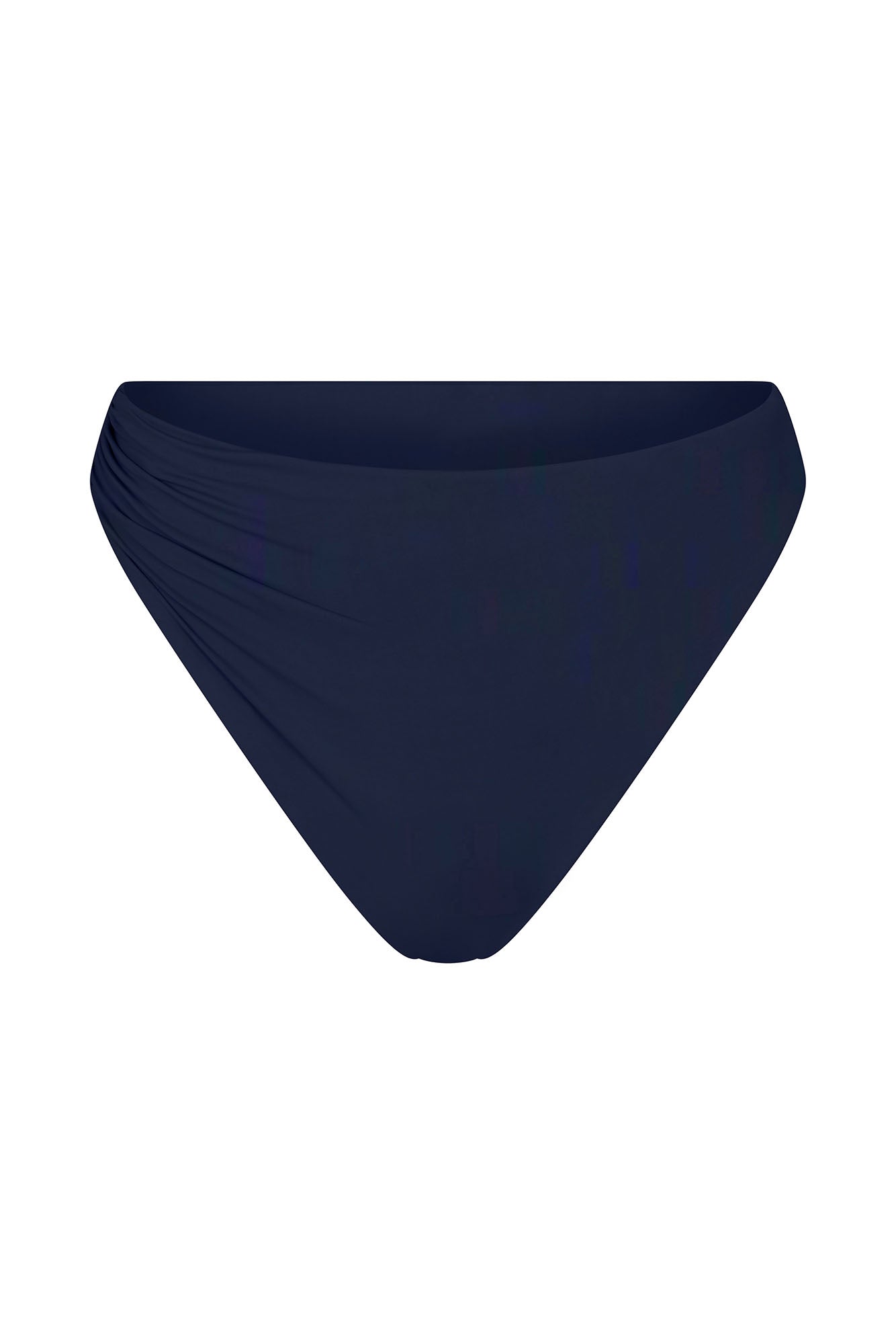 Anemos Draped Asymmetric Midi Bikini Bottom in Navy — one-sided drape swim bottom