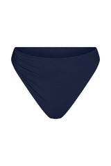 Draped Asymmetric Midi Bikini Bottom Navy on White Background