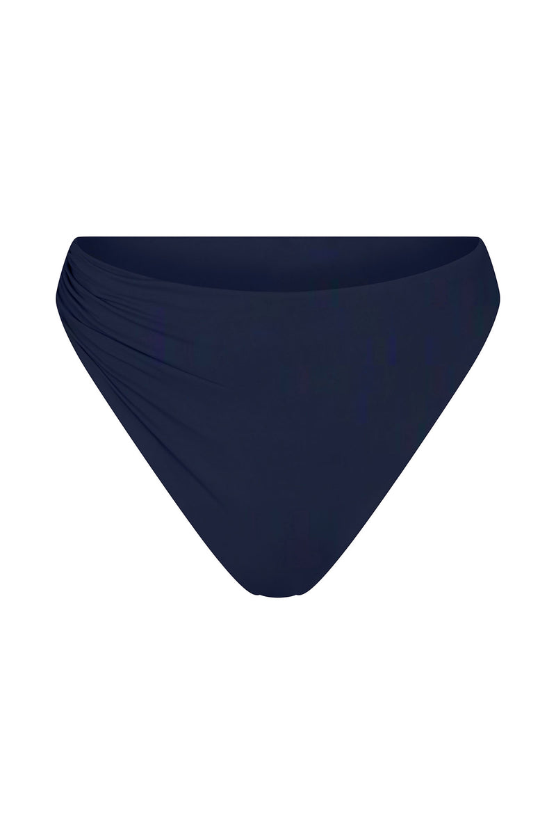 Draped Asymmetric Midi Bikini Bottom Navy on White Background