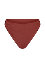 Draped Asymmetric Midi Bikini Bottom Umber on White Background