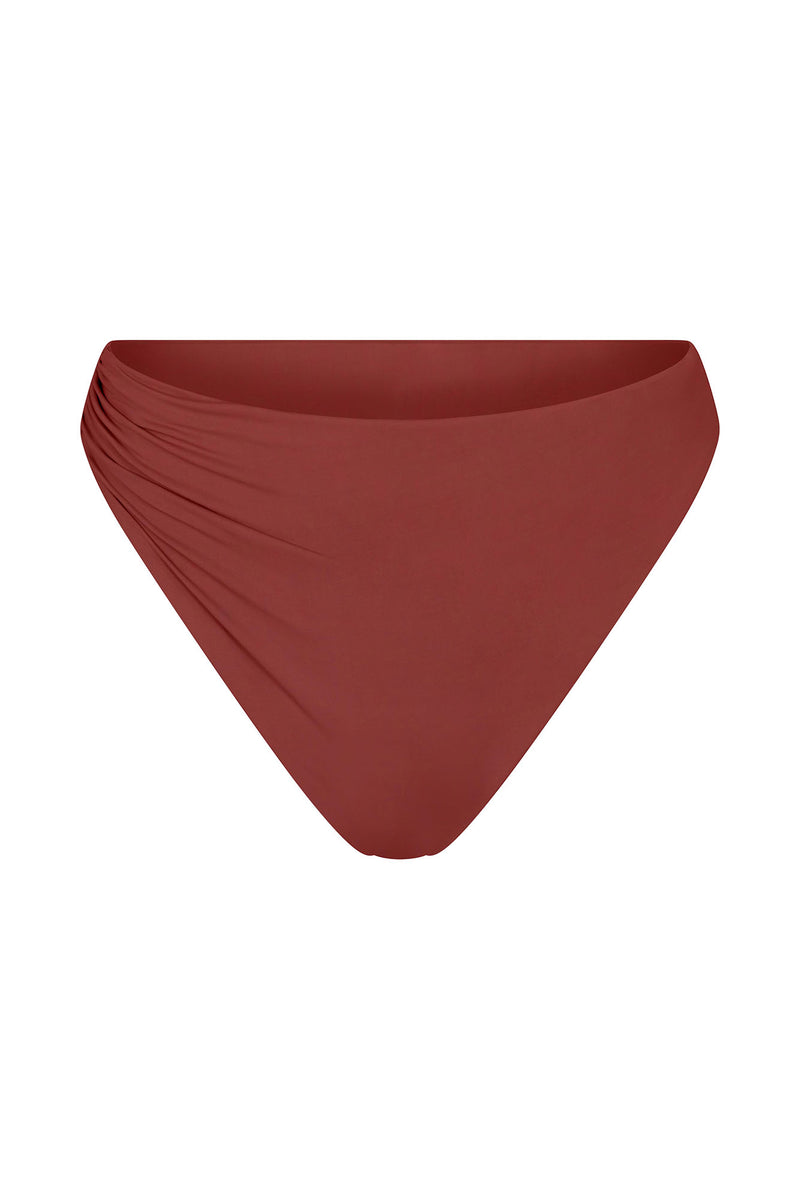 Draped Asymmetric Midi Bikini Bottom Umber on White Background