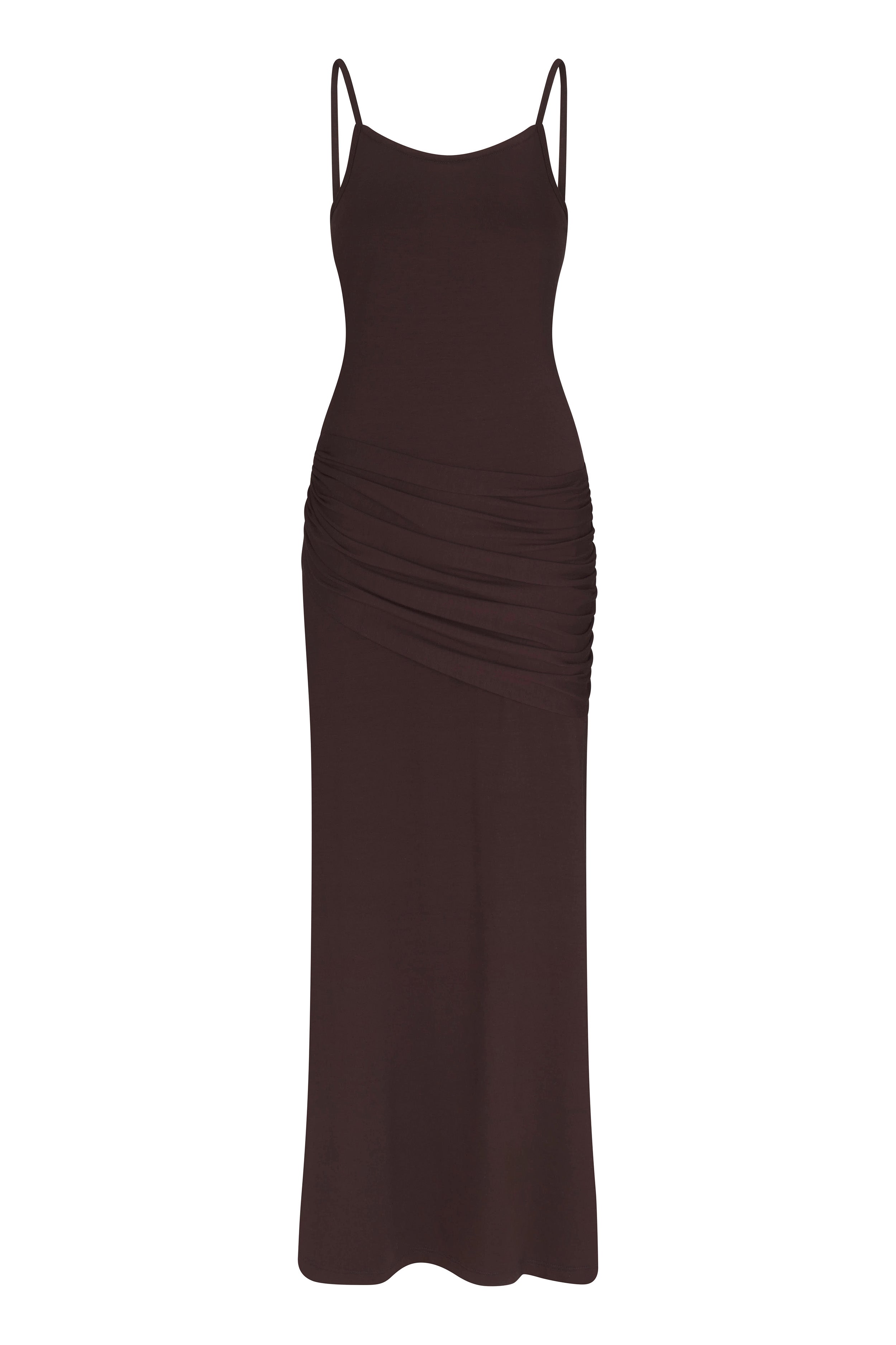 Draped Front Midi Dress in compact jersey, featuring thin straps, a soft draped front panel at the waist, and a sleek fitted silhouette.