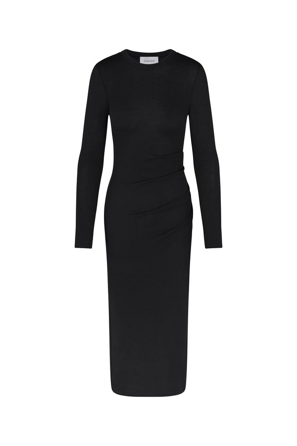 Draped Midi Dress in Modal Knit Black on White Background