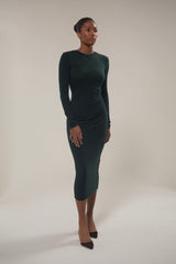 Draped Midi Dress in Modal Knit Dark Green on Model with a long sleeve and distinctive draping, this look gives you coverage that feels uniquely modern.  