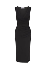 Draped Wrap Effect Midi Dress Black In Cupro Jersey on white background