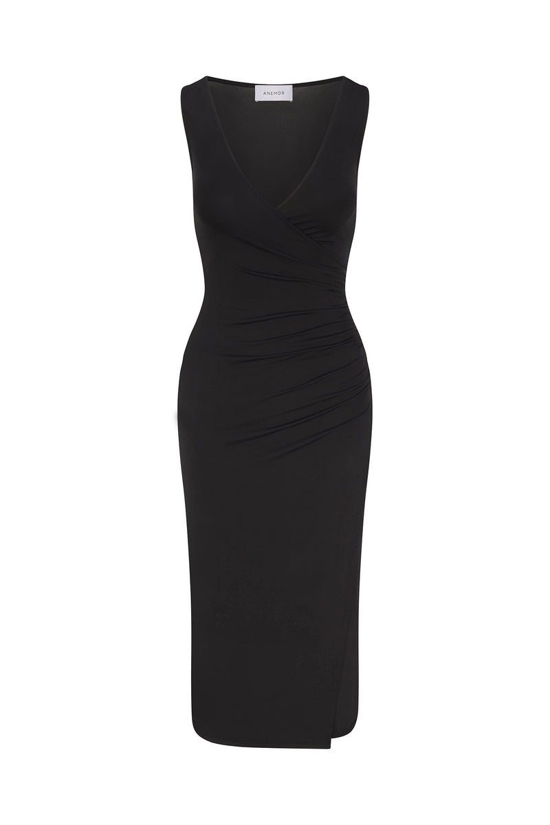 Draped Wrap Effect Midi Dress Black In Cupro Jersey on white background