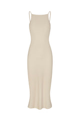 Gisele Bias-Cut Dress in Stretch Suiting Off-White on White Background