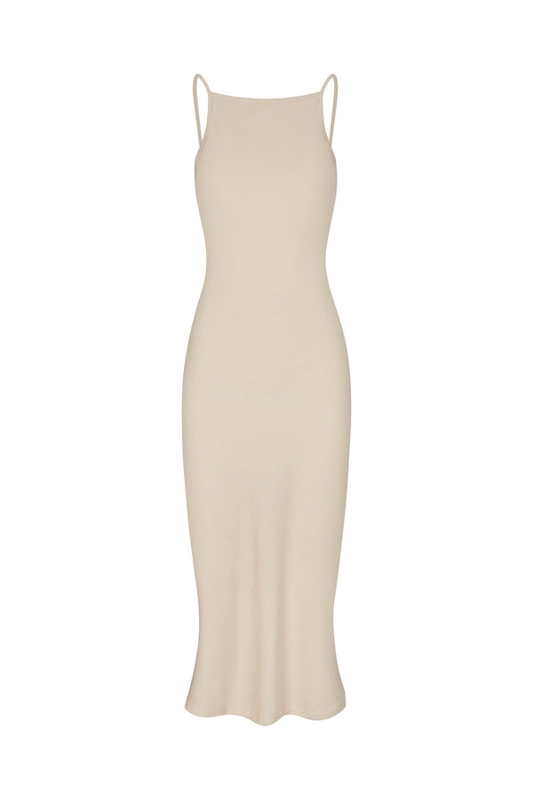 Gisele Bias-Cut Dress in Stretch Suiting Off-White on White Background