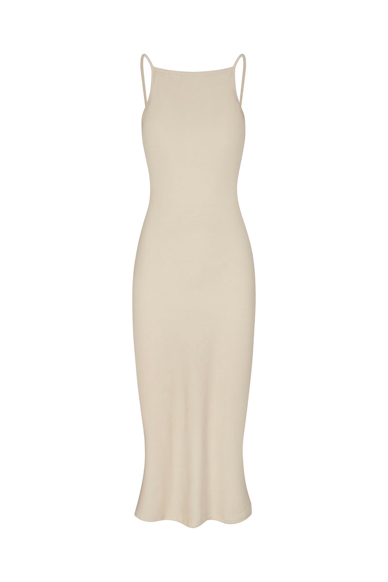 Gisele Bias-Cut Dress in Stretch Suiting Off-White on White Background