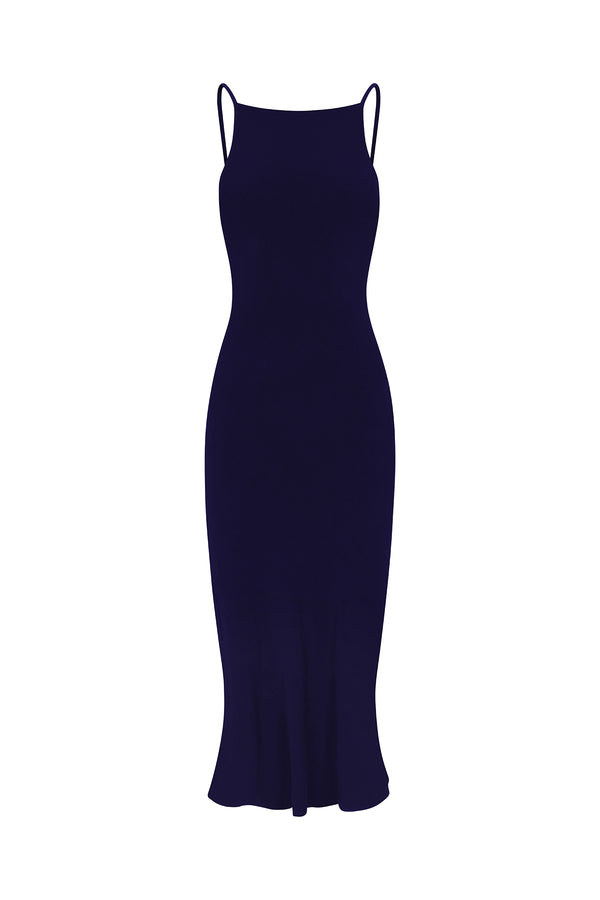 Gisele Bias Cut Dress in Stretch Twill Marine on White Background