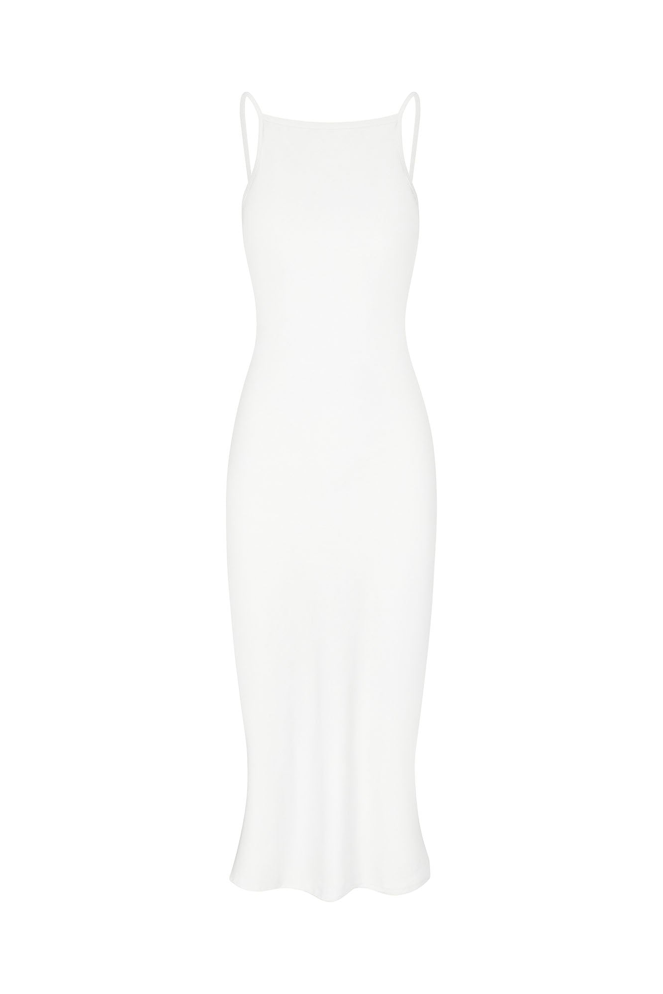 Anemos Gisele Bias-Cut Midi Dress in Stretch Twill in White — understated bias-cut dress, minimalism and sensuality