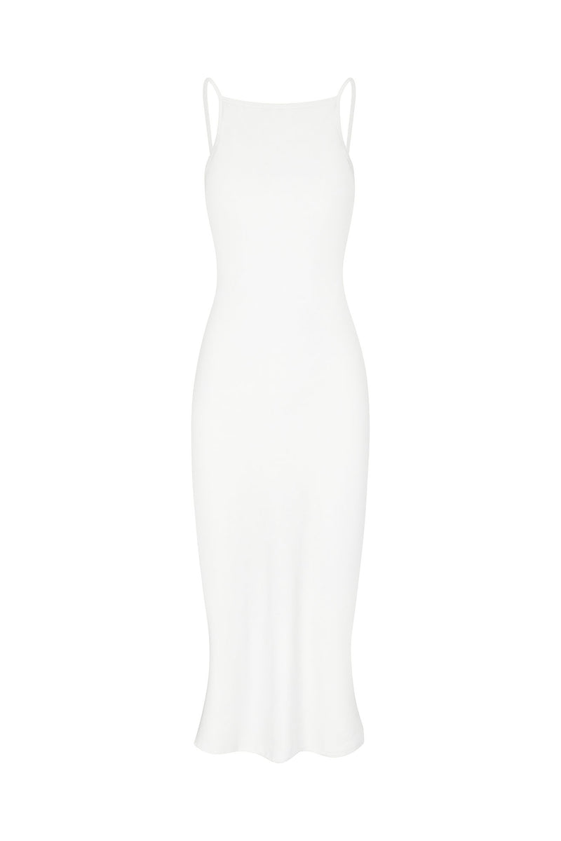 Gisele Bias Cut Dress in Stretch Twill White on White Background