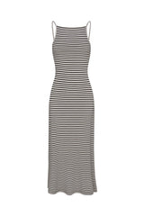 Gisele Maxi Dress in black and white striped jersey, shown on a clean white background. Lightweight, comfortable, and perfect for elevated everyday wear.