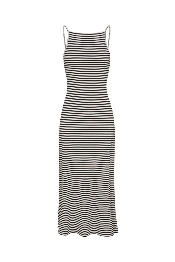 Gisele Maxi Dress in black and white striped jersey, shown on a clean white background. Lightweight, comfortable, and perfect for elevated everyday wear.