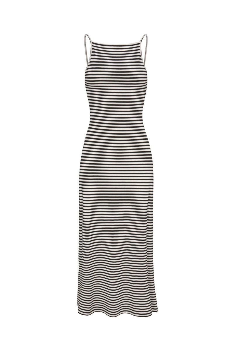 Gisele Maxi Dress in black and white striped jersey, shown on a clean white background. Lightweight, comfortable, and perfect for elevated everyday wear.