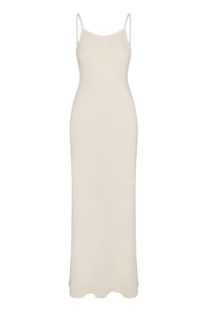Gisele Maxi Dress in crochet knit, a lightweight and breathable maxi dress with a fitted, body-skimming silhouette.
