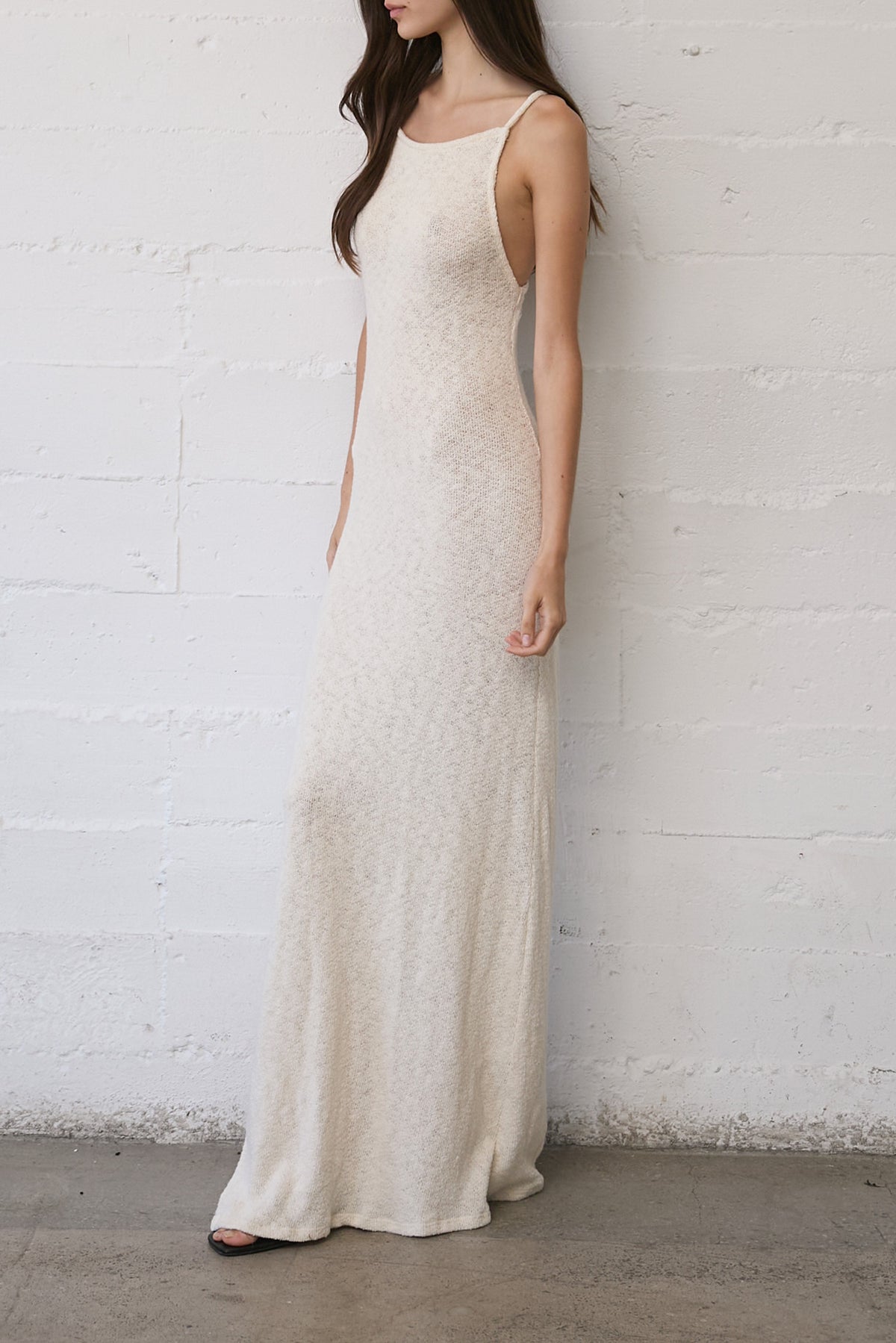 Gisele Maxi Dress in crochet knit, a lightweight and breathable maxi dress with a fitted, body-skimming silhouette.