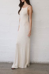Gisele Maxi Dress in crochet knit, a lightweight and breathable maxi dress with a fitted, body-skimming silhouette.