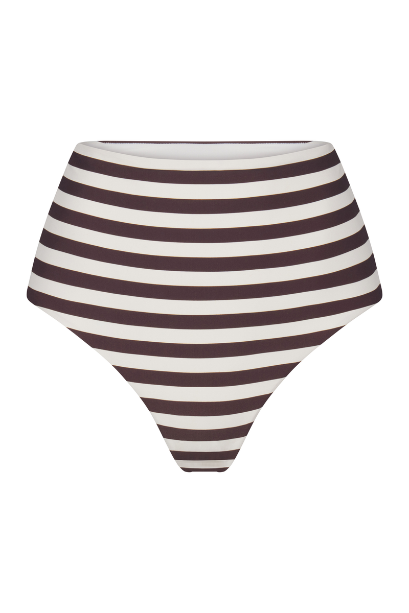 High-Waist Bikini Bottom in Espresso Even Stripes Espresso & White Even Striped on White Background