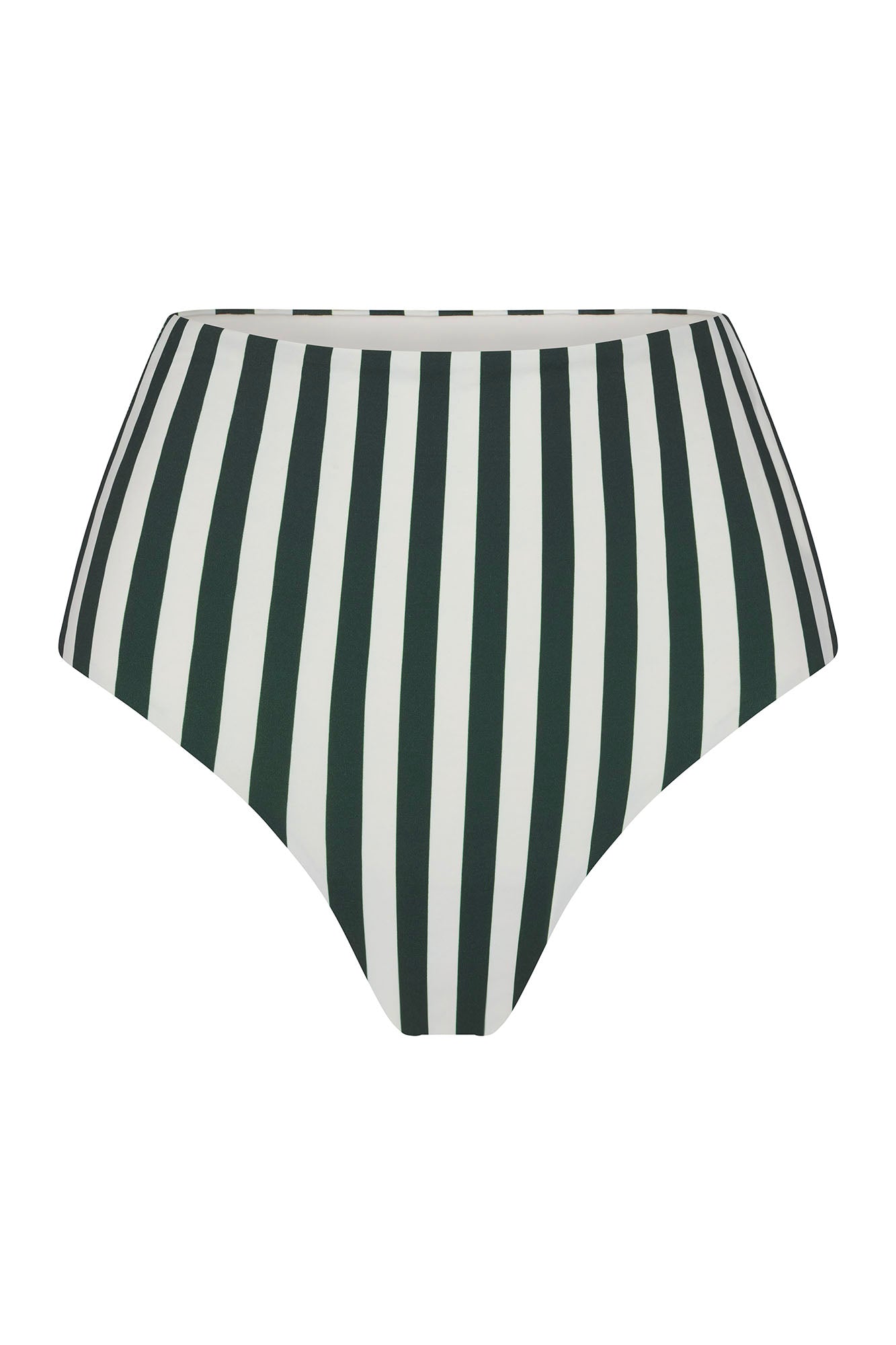 Anemos High-Waist Bikini Bottom in Green Vertical Stripes — retro-inspired cheeky-cut swim bottom