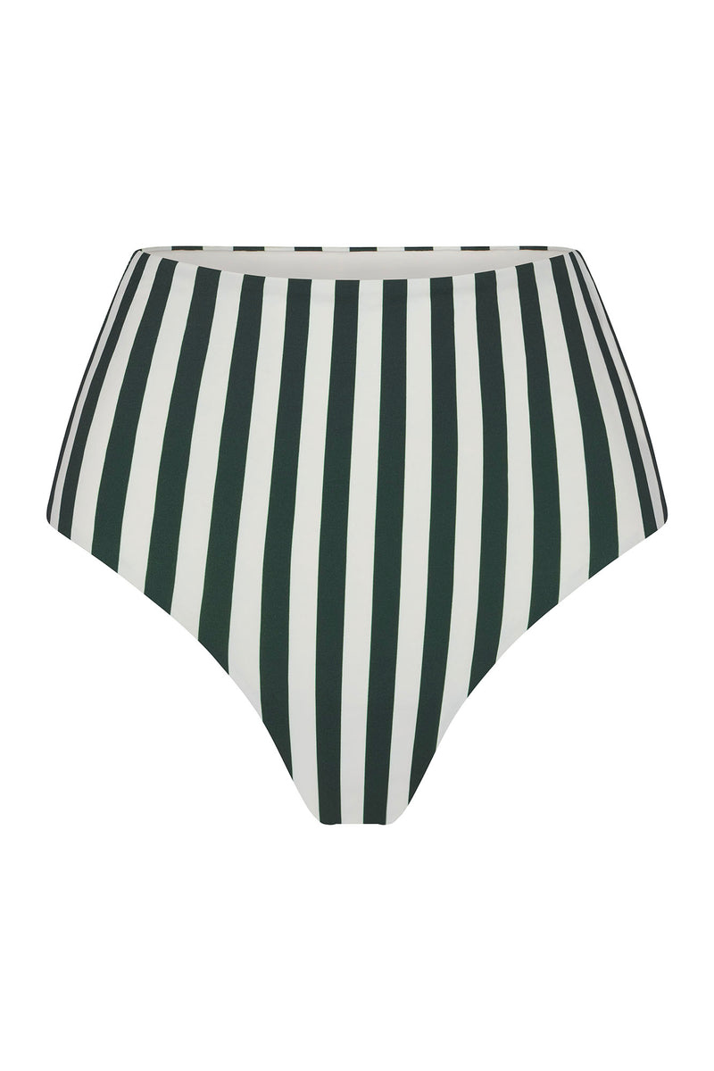 High-Waist Bikini Bottom in Green Vertical Stripes Green & White Vertical Striped on White Background
