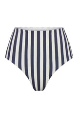 High-Waist Bikini Bottom in Marine Vertical Stripes on a white background