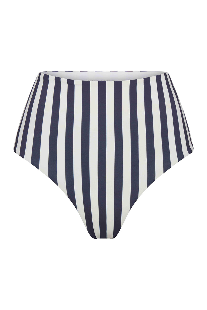 High-Waist Bikini Bottom in Marine Vertical Stripes on a white background