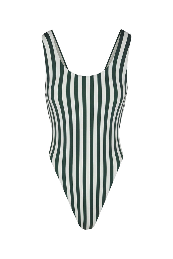 Hume One-Piece in Green Vertical Stripes Green & White Vertical Striped on White Background
