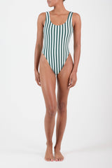 Ecomm Model wearing the Hume One-Piece in Green Vertical Stripes featuring a high-cut leg and plunging back for a sleek, effortless look. 