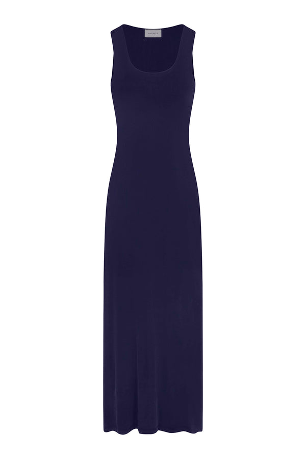 Hume Tank Maxi Dress in Luxe Cupro Jersey Marine on White Background