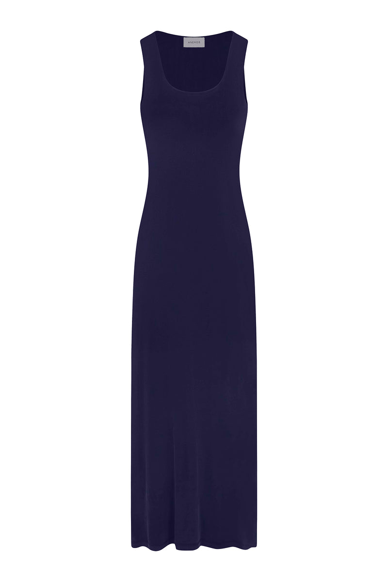 Hume Tank Maxi Dress in Luxe Cupro Jersey Marine on White Background