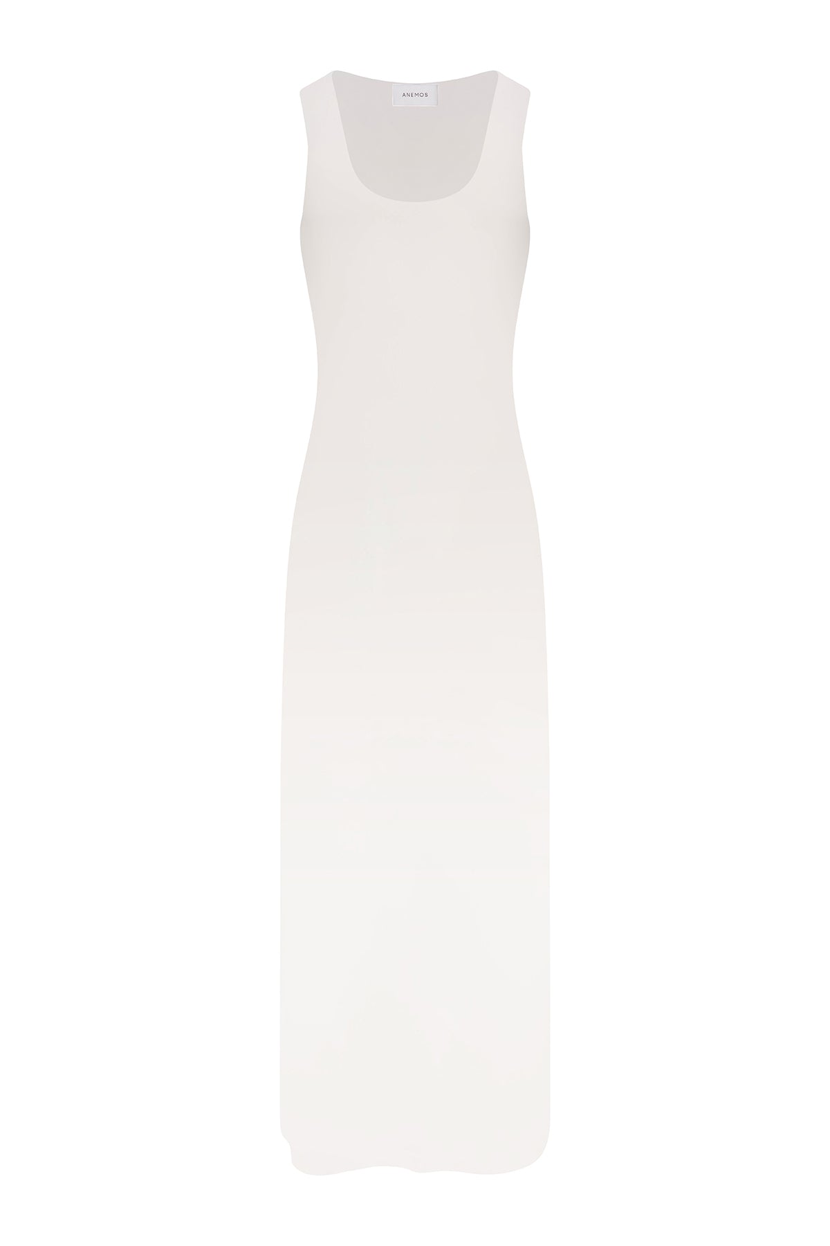 A white maxi dress with a sleeveless design, scoop neckline, and a longer length on a white background