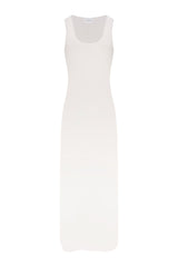 A white maxi dress with a sleeveless design, scoop neckline, and a longer length on a white background