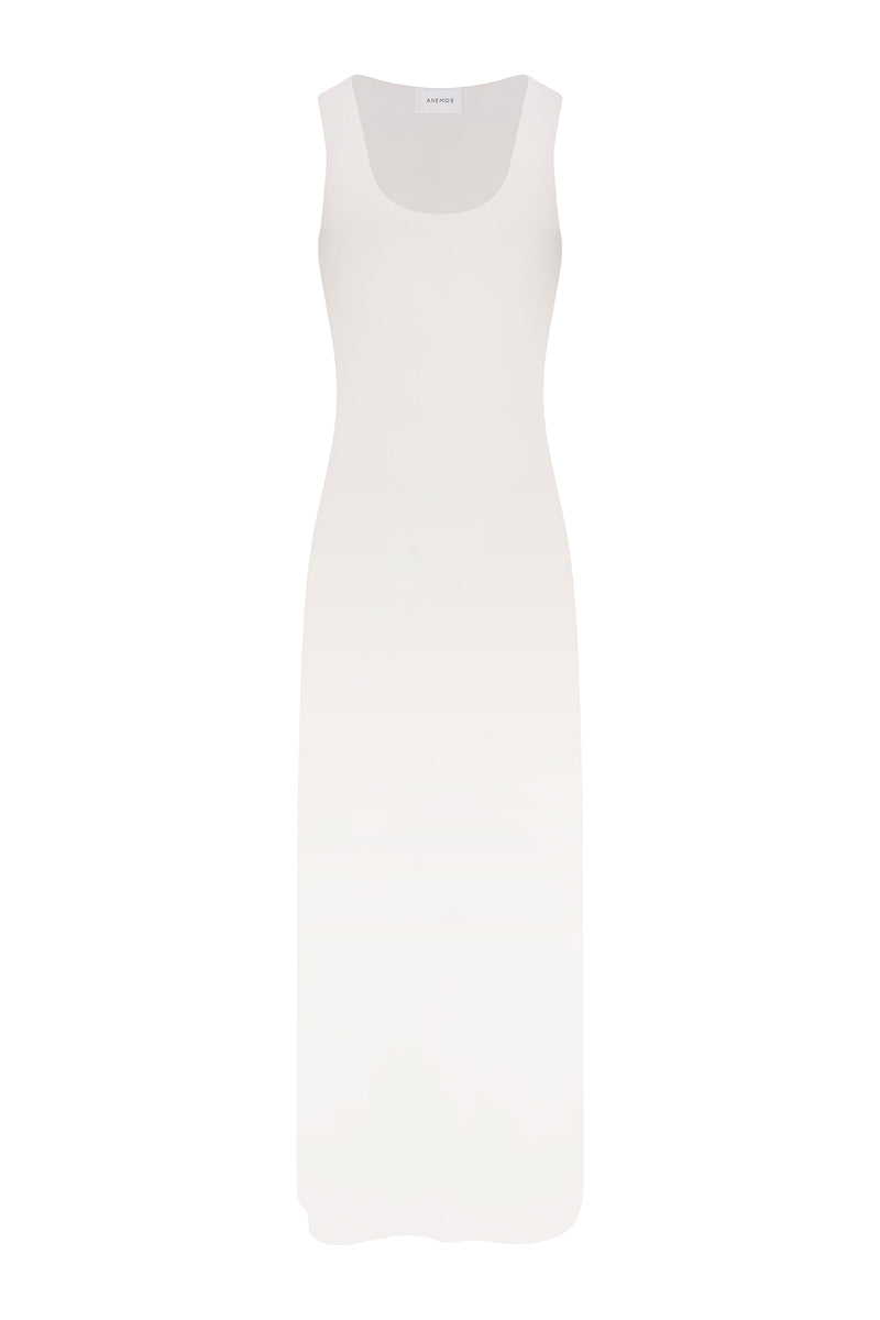 A white maxi dress with a sleeveless design, scoop neckline, and a longer length on a white background