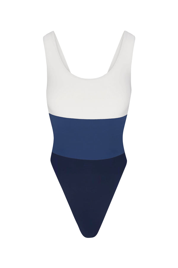 Hume Tricolor One-Piece White/Azure/Navy on White Background