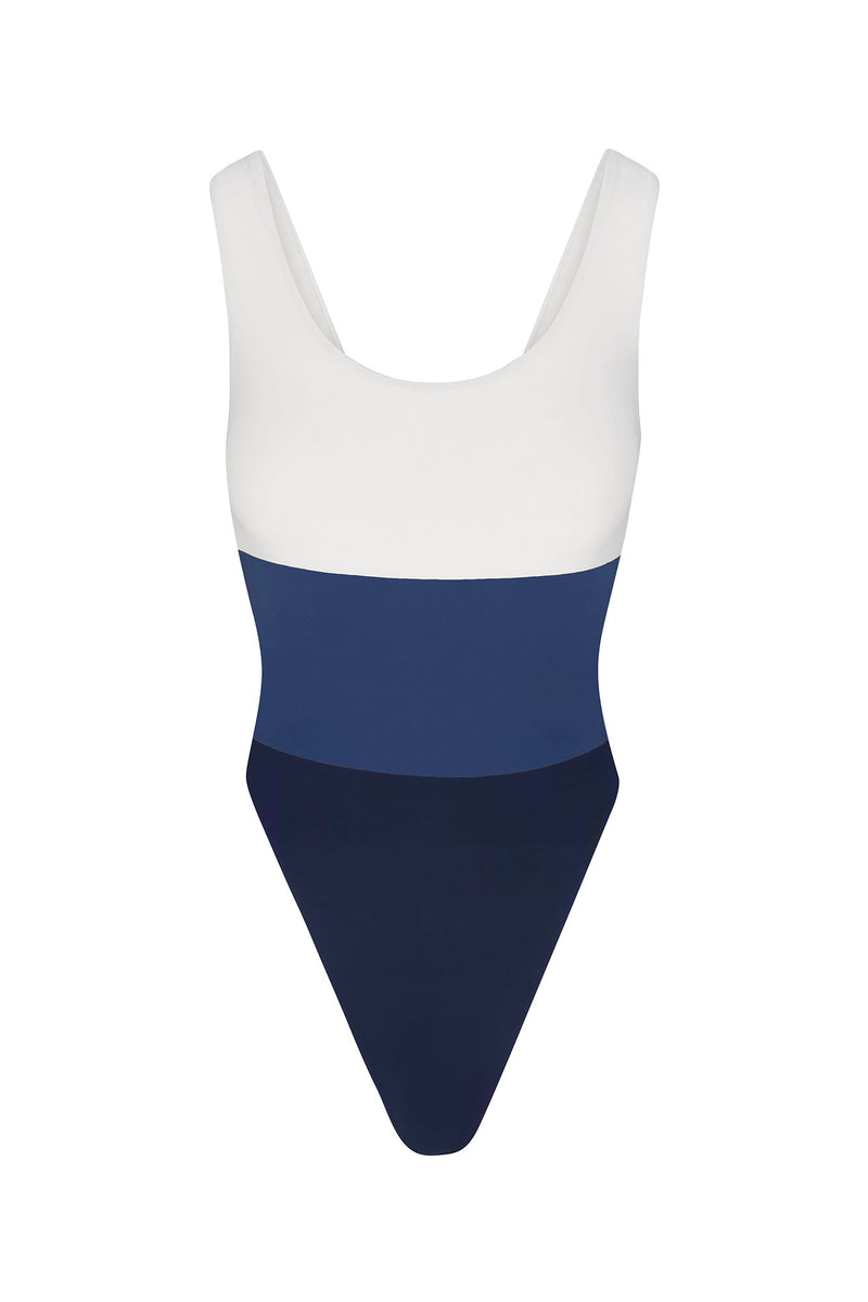 Hume Tricolor One-Piece White/Azure/Navy on White Background
