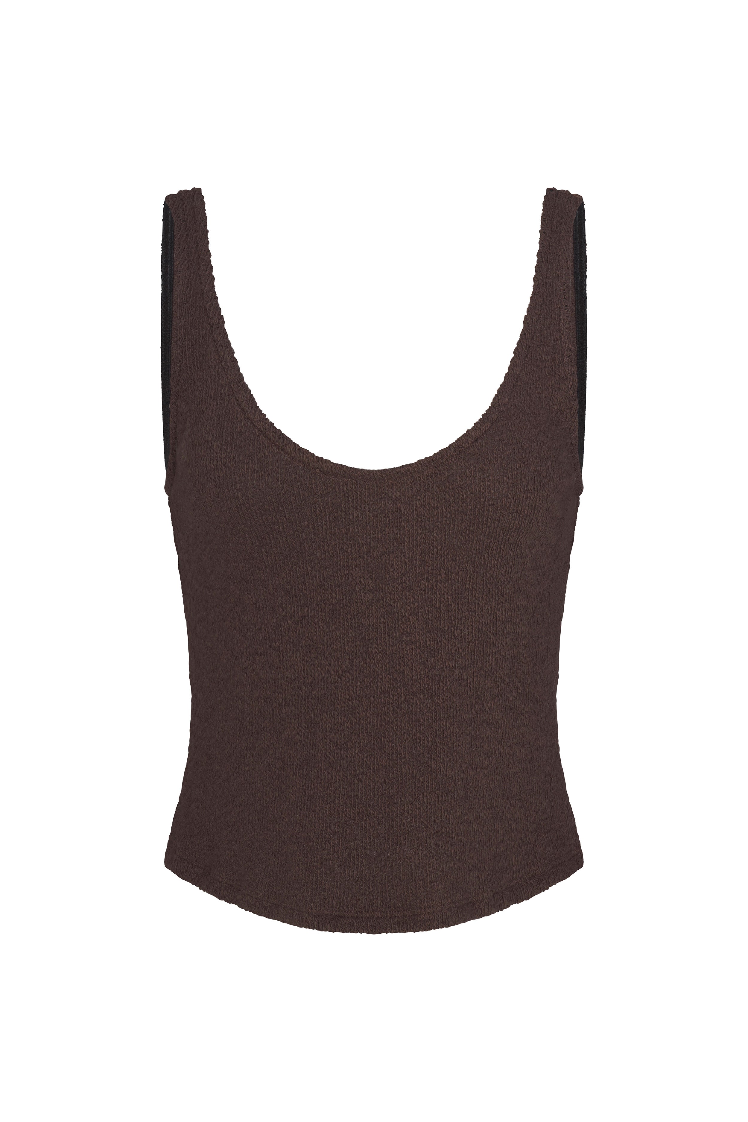 Knit tank top in cotton crochet featuring a sleeveless pullover silhouette with an open-knit texture and unlined construction. Made from soft vegan cotton blend for a lightweight, breathable fit.