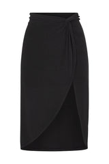 Knot Draped Midi Skirt in Luxe Cupro Jersey Black on White Background