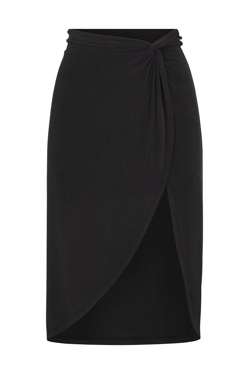 Knot Draped Midi Skirt in Luxe Cupro Jersey Black on White Background