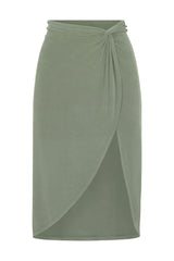 Knot Draped Midi Skirt in Luxe Cupro Jersey Sage on White Background