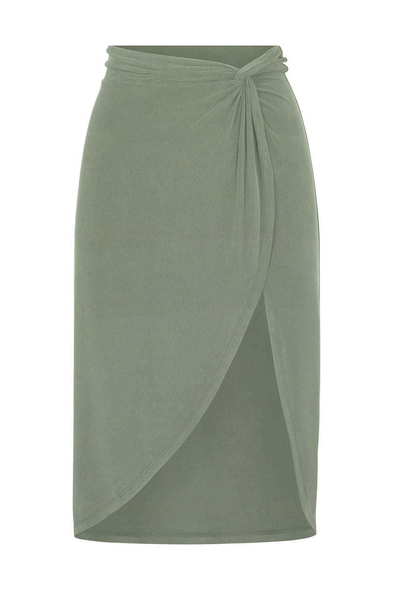 Knot Draped Midi Skirt in Luxe Cupro Jersey Sage on White Background