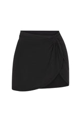 Knot Draped Mini Skirt in Luxe Cupro Jersey Black on White Background