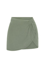 Knot Draped Mini Skirt in Luxe Cupro Jersey Sage on White Background